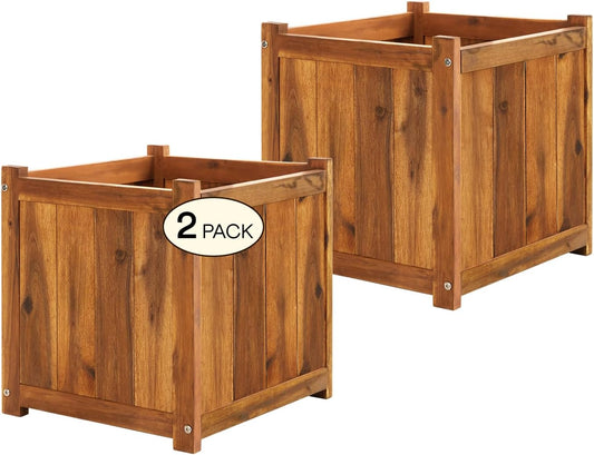 IDZO Set of 2 Acacia Wood Flower Planters for Outdoor Plants, Ergonomic Handles, Drainage Holes, Various Sizes, Ideal for Home Décor, Light Cherry