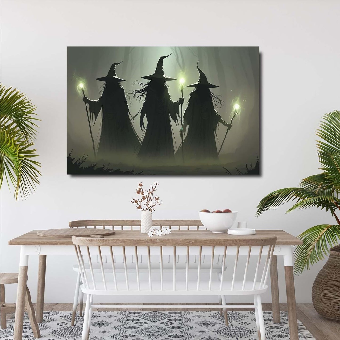 JFHCQJPK Vintage 3 witches canvas wall decor melancholy dark Halloween poster wall decor holding a staff print Gothic horror Halloween painting print for living room bedroom24x36in Frameless