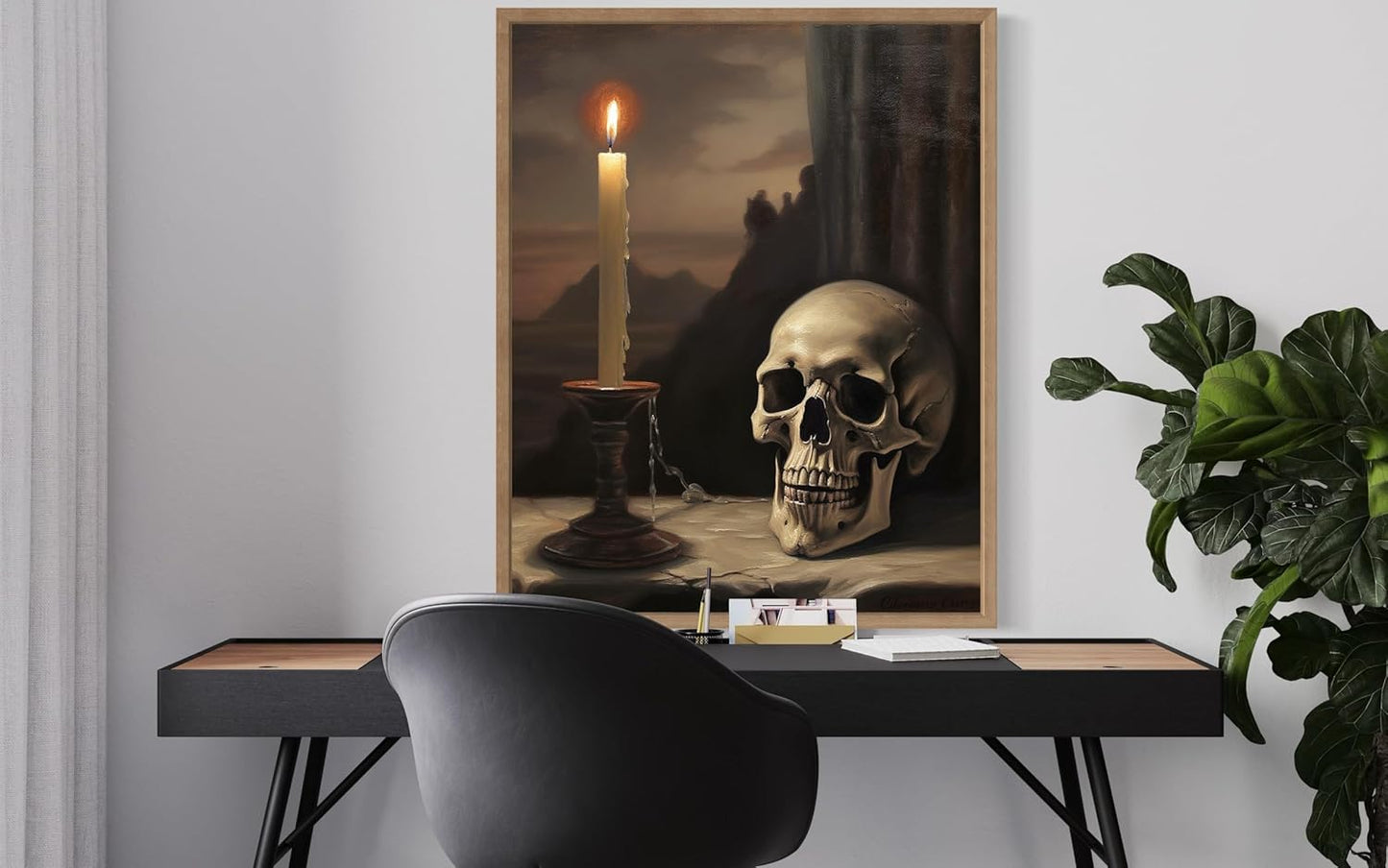 Skull and Candle Poster Art Print, Halloween Scary Vintage Wall Art Academia Spooky Painting Decoration for Horror Prints, Gothic Posters Bedroom Decor 89 (Skull and Candle, 8 x 10 inches, Wood Frame)