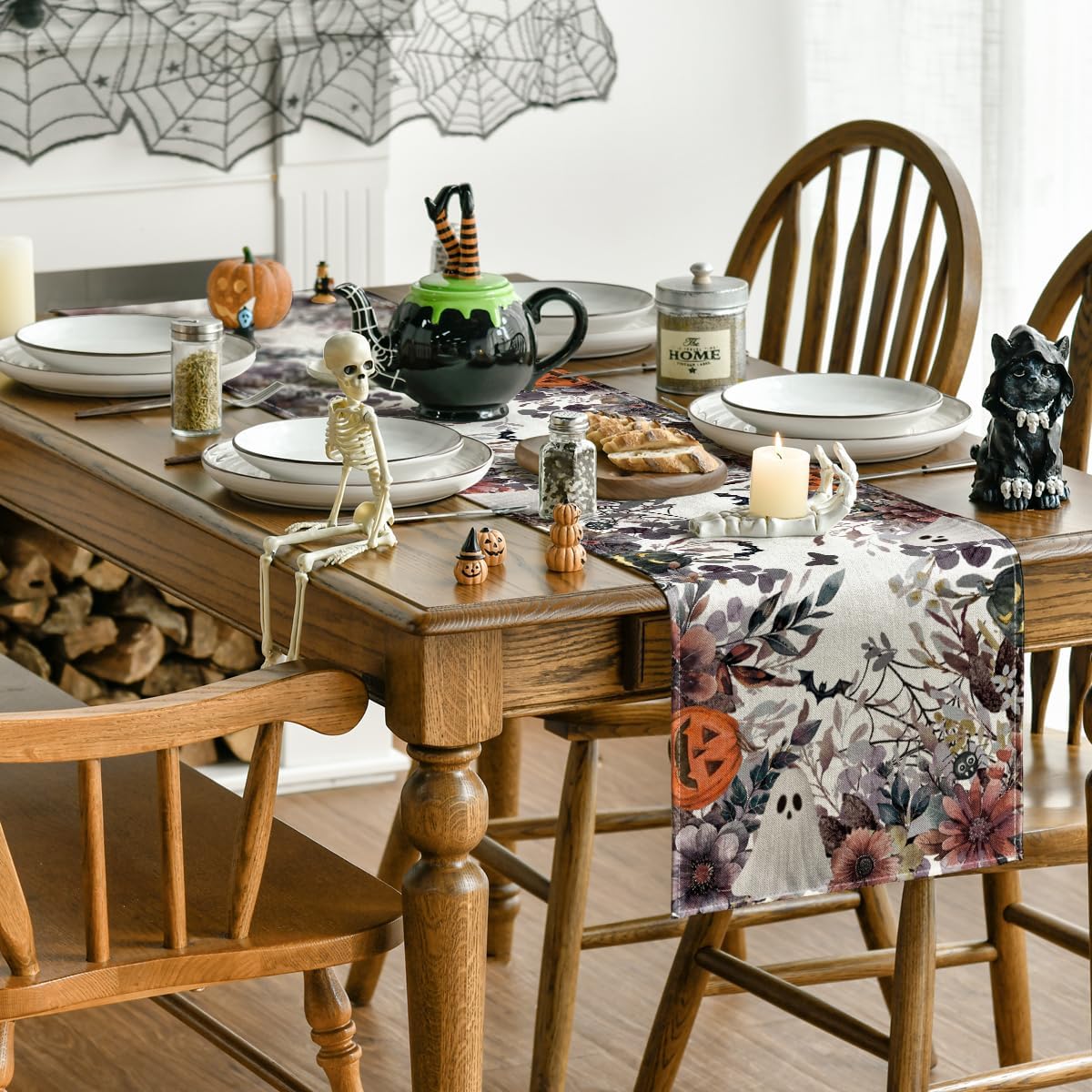 Artoid Mode Jack-O'-Lantern Pumpkin Floral Ghost Halloween Table Runner, Eucalyptus Kitchen Dining Table Decoration for Home Party Decor 13x90 Inch