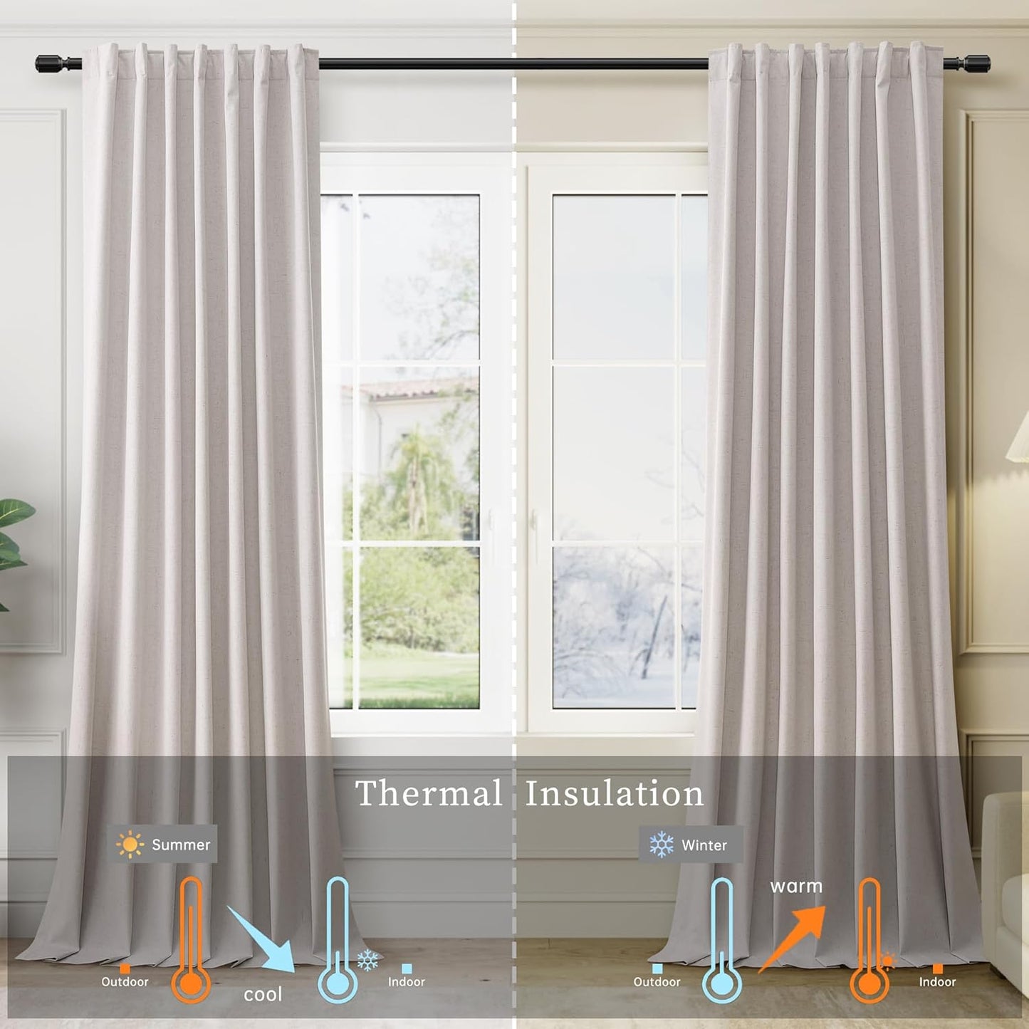 BOODII Room Darkening Curtains Champagne Black Out Curtains 96 Inches Long 2 Panel Set Back Tab Neutral Linen Curtain for Sliding Door Modern Farmhouse Living Room Blackout Drapes Soundproof 52x96