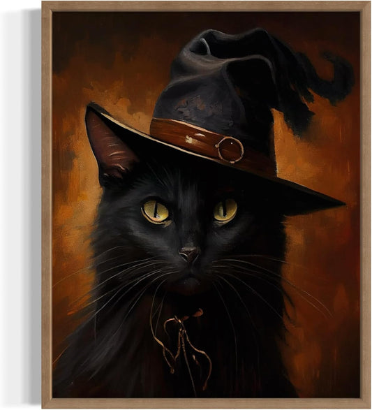 Witch Cat Poster Art Print, Halloween Scary Vintage Wall Art Academia Spooky Painting Decoration for Horror Prints, Gothic Posters Bedroom Decor 89 (Witch Cat, 11 x 14 inches, Wood Frame)