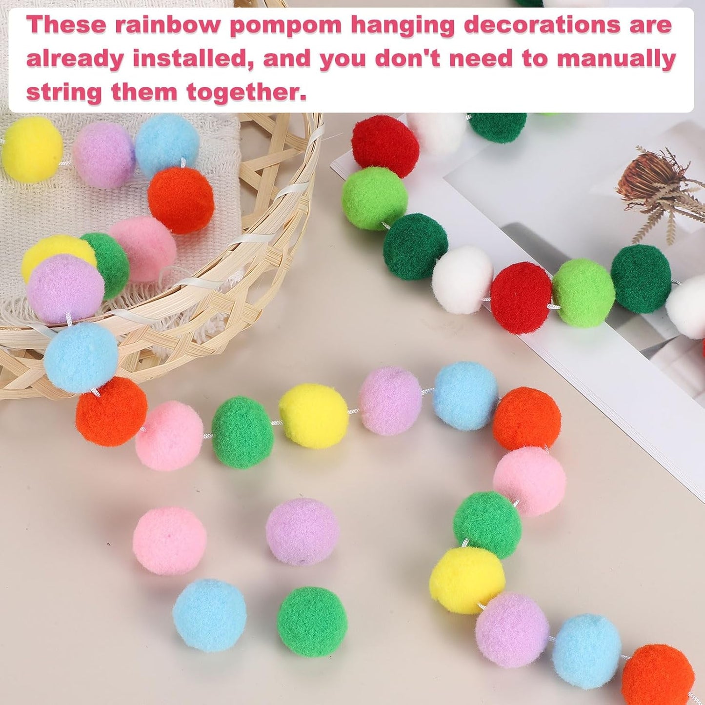 PATIKIL 26Ft Pom Pom Garland Decorations, 4Pcs Colorful Felt Ball Garland Banner Cute Rainbow Pompom Hanging Decorations for Tree Ornaments Homes Decor, 10 Colors