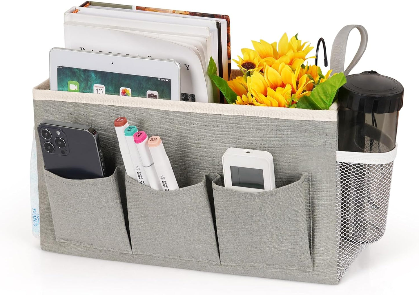 Bedside Storage Caddy/Bedside Hanging Storage Bag for Headboards Bunk Beds Dorm Rooms Book Phone Magazine Holder (New Grey)