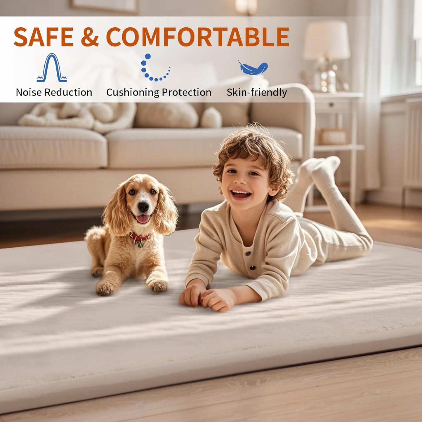 ACOMOPACK Baby Play Mat for Floor,1.3" Thick Memory Foam Area Rug for Living Room,Soft Velvet Crawling with Non-Slip Bottom for Kid,Toddler,71"×79" Tummy Time Nursery Rugs,Yoga（Beige）