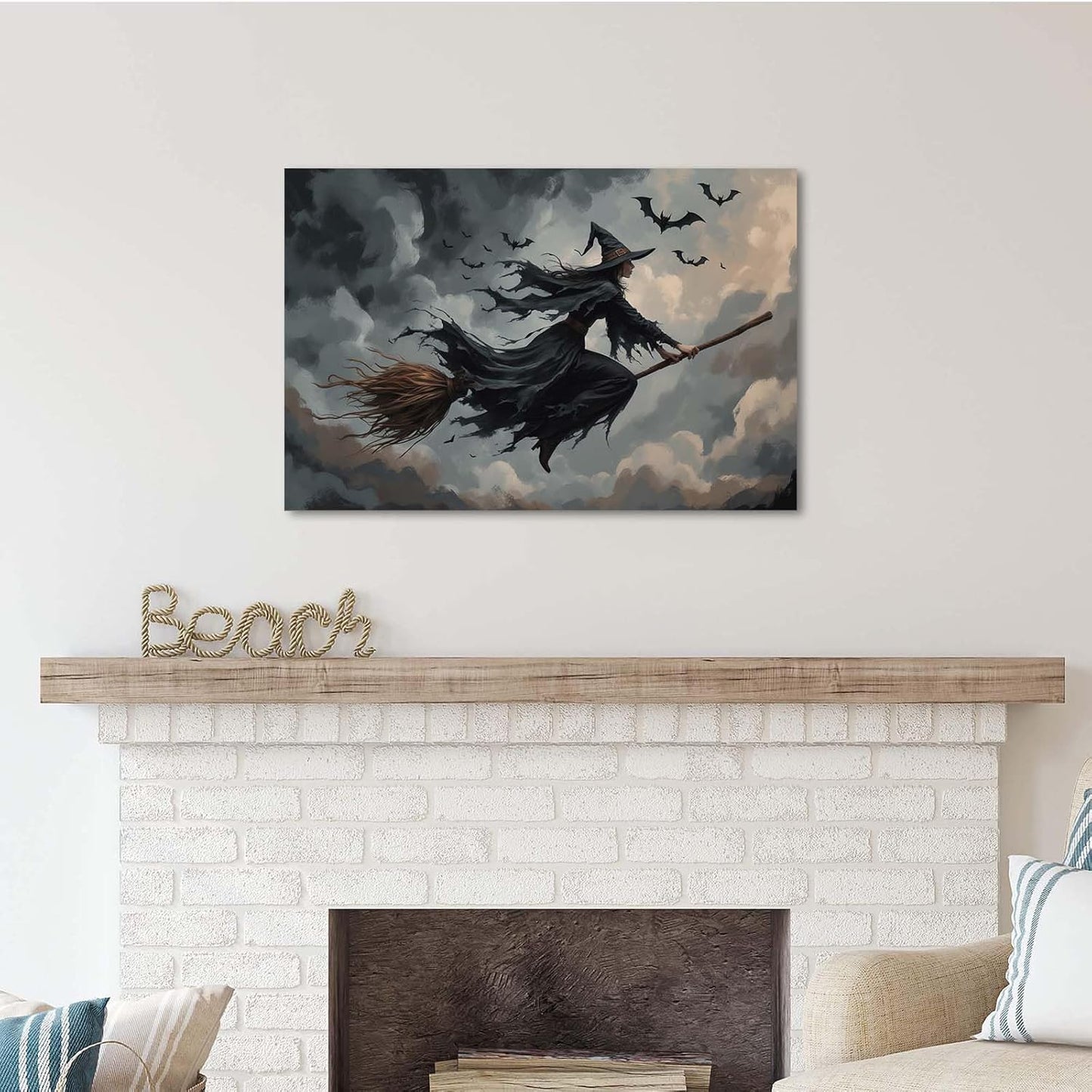JFHCQJPK Witch and bat flying Halloween poster suitable for home party wall decoration retro Halloween preppy style wall art canvas print suitable for room decoration20x30in Frameless