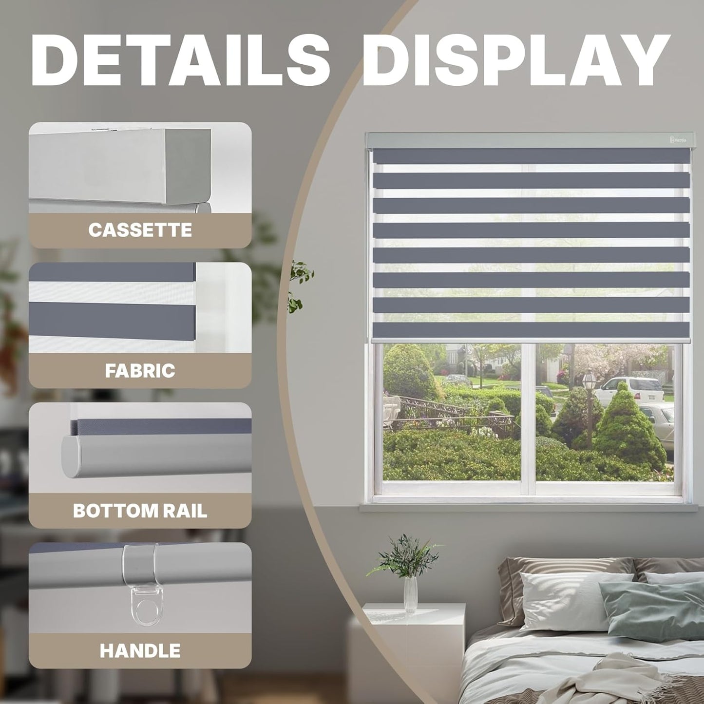 HESTIA Cordless Zebra Blinds Light Filtering Roller Shades UV Blocking Blackout Privacy Indoor Window Blind for Home Office Day and Night, Blue Grey,46" W x 48" H