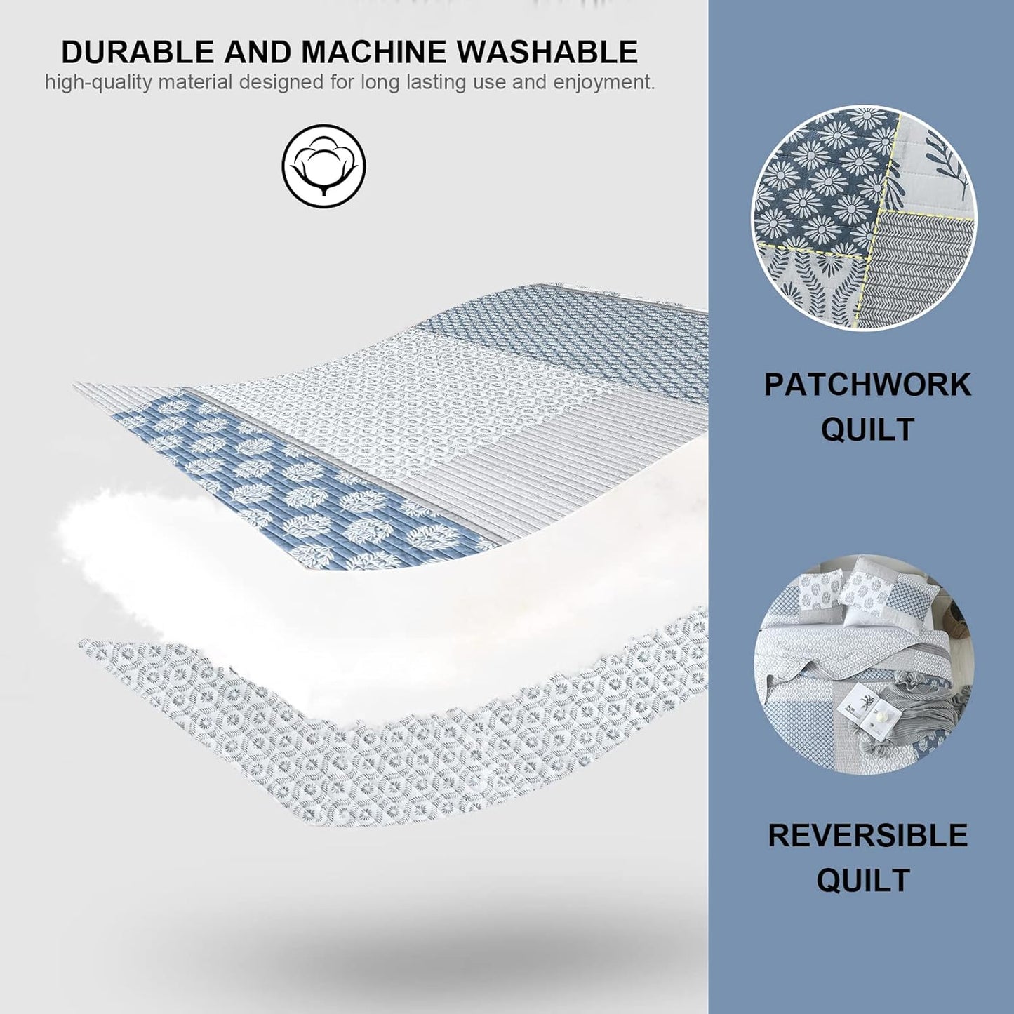 PANGUSHAN Quilt Set Queen Size, 100% Cotton Bedspread Quilt Bedding Set, Patchwork Reversible Floral Quilt for Queen Bed, Blue/Grey/White Bed Spread, Lightweight Comforter for All Season, 3 Pieces