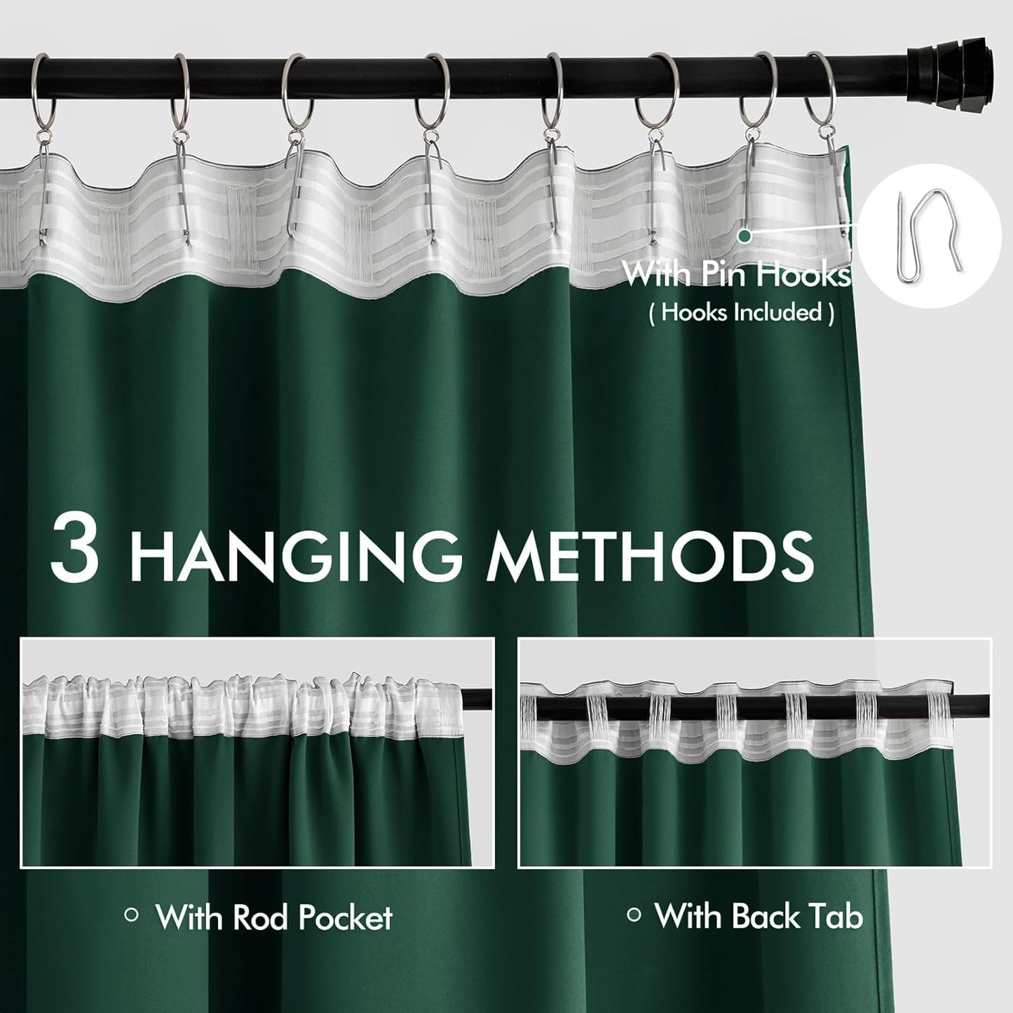MIULEE Hunter Green Back Tab Blackout Curtains 102 Inch Long 2 Panels Set for Living Room Bedroom, Rod Pocket/Pinch Pleated Thermal Insulated Room Darkening Floor to Ceiling Window Drapes