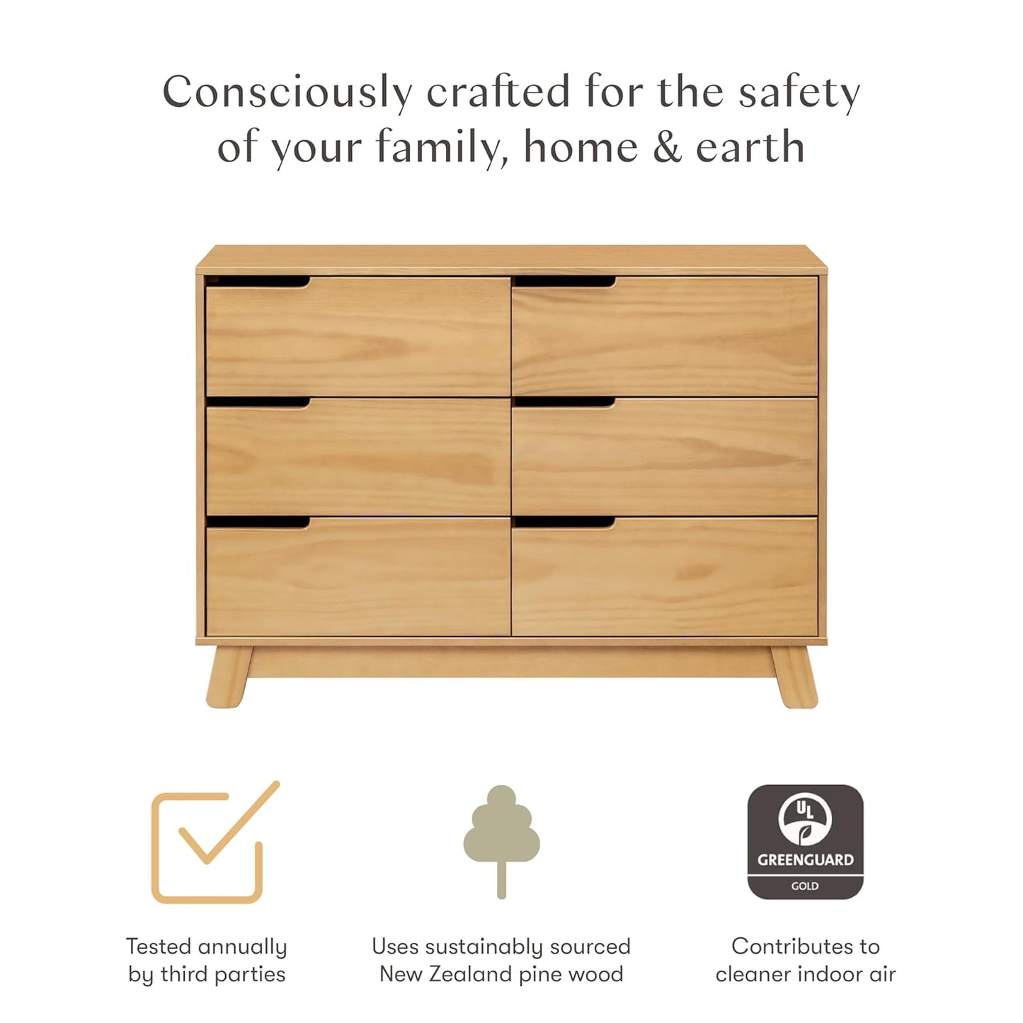 babyletto Hudson 6-Drawer Dresser for Nursery - GREENGUARD Gold Certified - Assembled Wooden Double Chest of Drawers for Kids, Boys and Girls - Baby Dresser for Bedroom, Living Room & Hallway - Honey