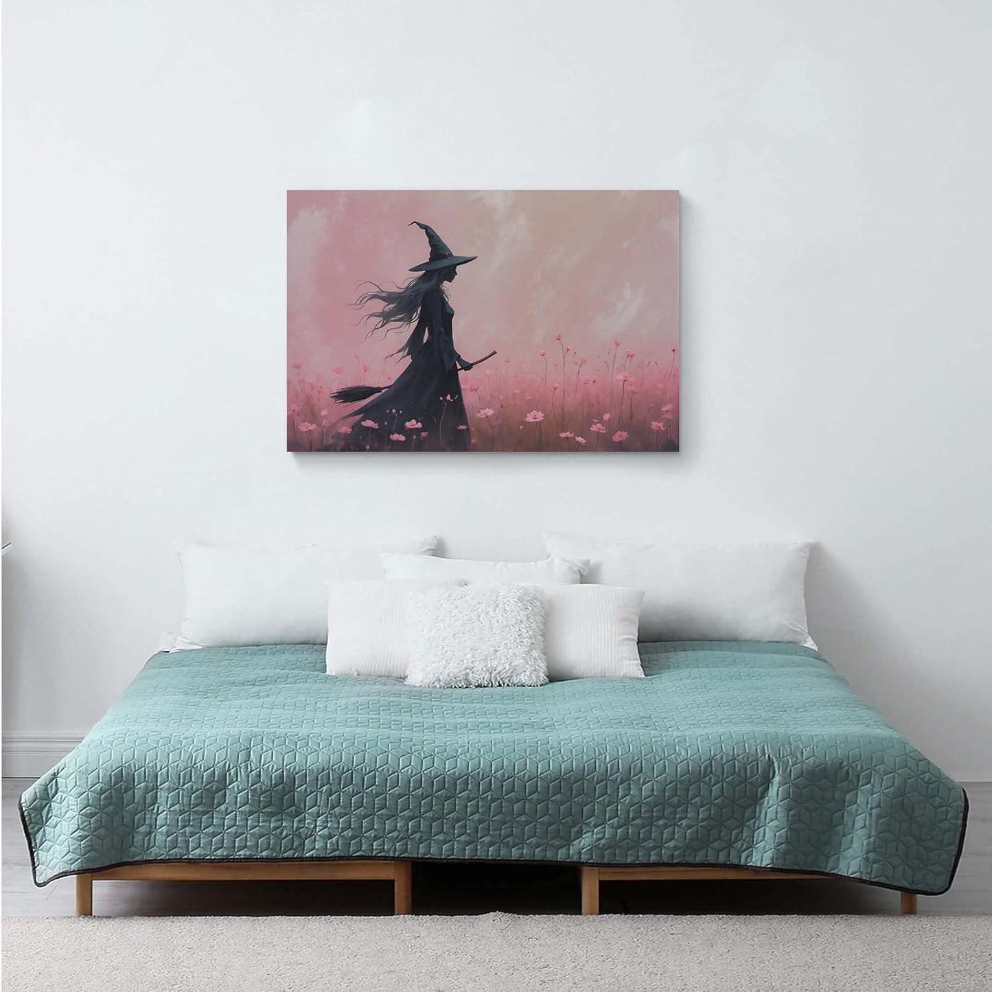 JFHCQJPK Witch in the pink sea of flowers Halloween prints weird flowers wall art silhouette painting fashionable romantic decoration suitable for bedroom16x24in Frameless