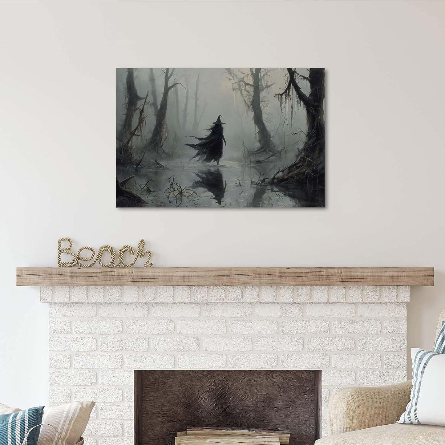 Vintage rustic swamp witch poster dark moody wall art gothic horror season halloween print for home decor retro dark moody painting24x36in Wood Framed