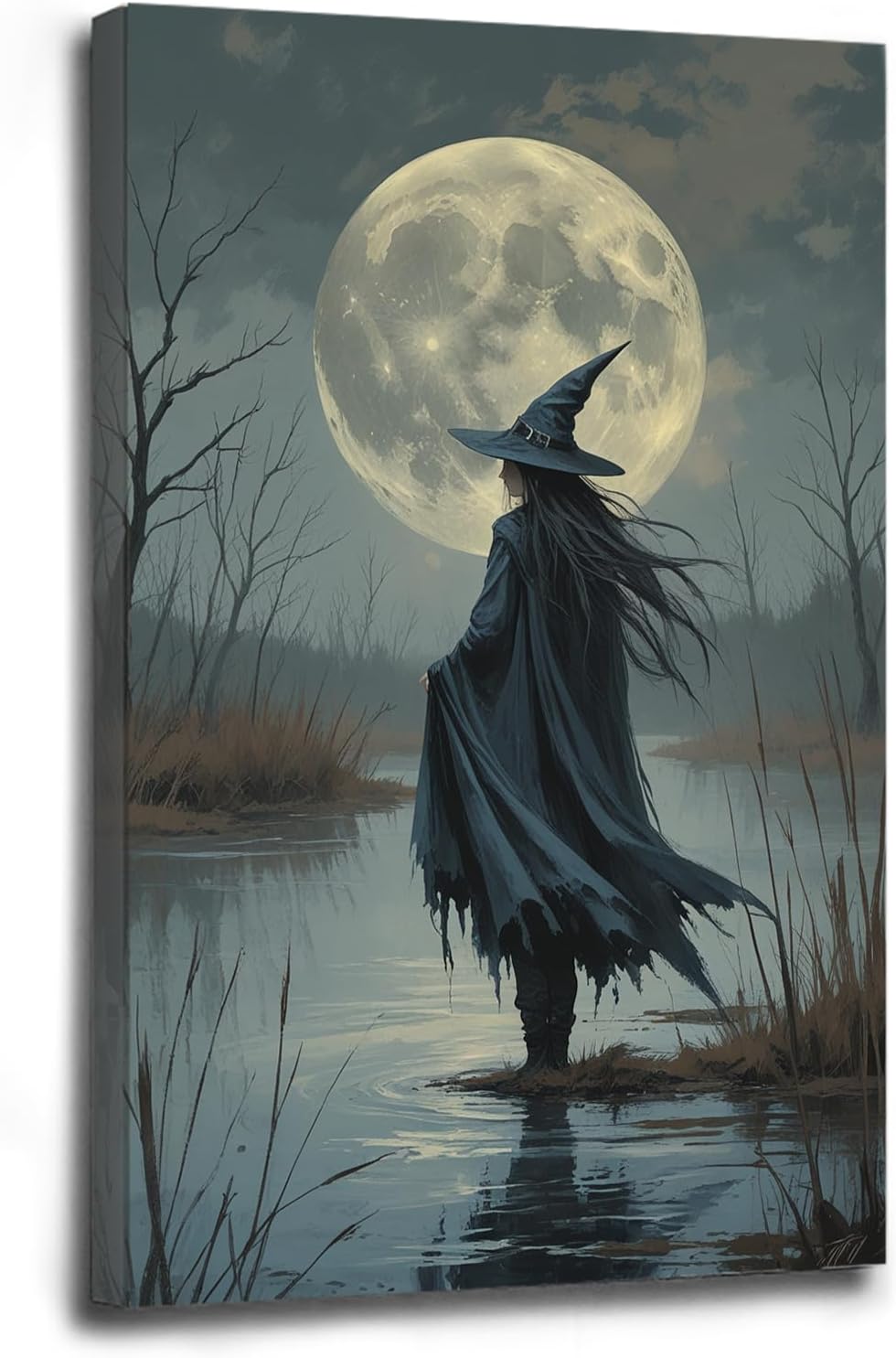 Witch in the moonlight magic canvas wall art enchanting Halloween home decor swamp witch silhouette oil painting mysterious gothic aesthetic wall decor print poster8x12in Wood Framed