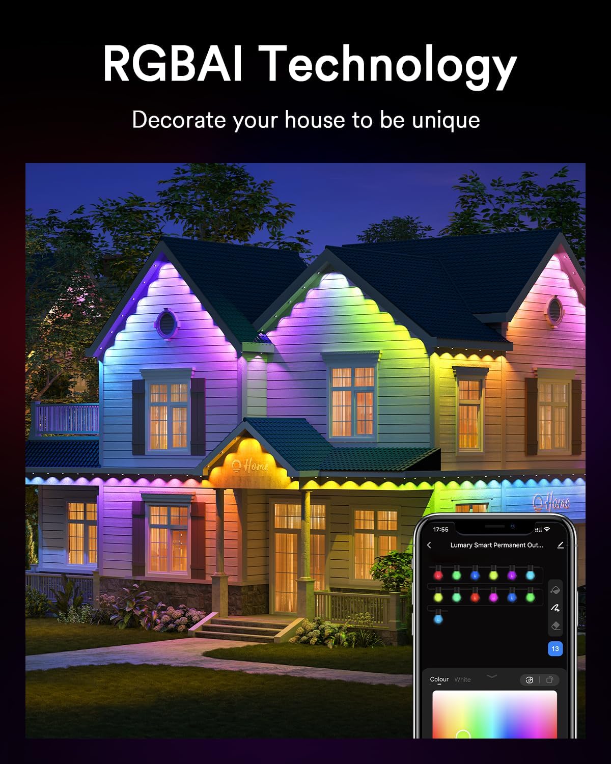 Lumary Permanent Outdoor Lights Pro 53ft for House, 40LED 50lm RGBAICW Smart Eave Lights, IP67 Waterproof, Multi Scene for Daily and Holiday Accent Lighting Decor, Work with Alexa, Google, Remote