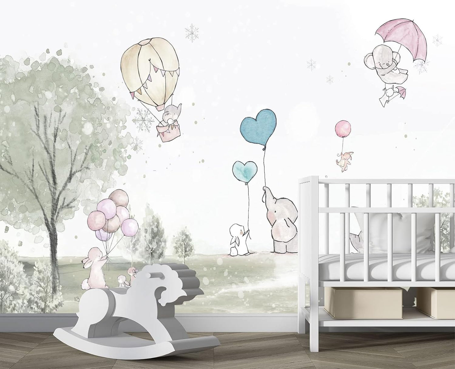 Cartoon Elephant Rabbit Balloon Nursery Wall Mural Wallpaper 137" x 100"
