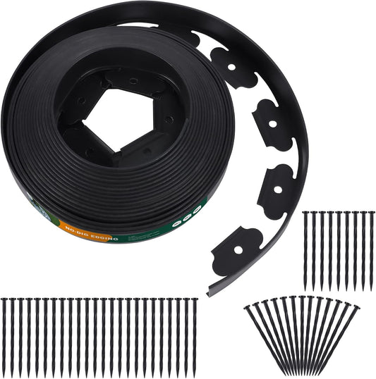 2 Inch Tall No Dig Durable Garden Landscape Edging Kit, Black Plastic Lawn Border with 24pcs Anchoring Spikes for Landscaping, Flower Gardens, Lawn (20FT+ 24pcs Anchoring Spikes)