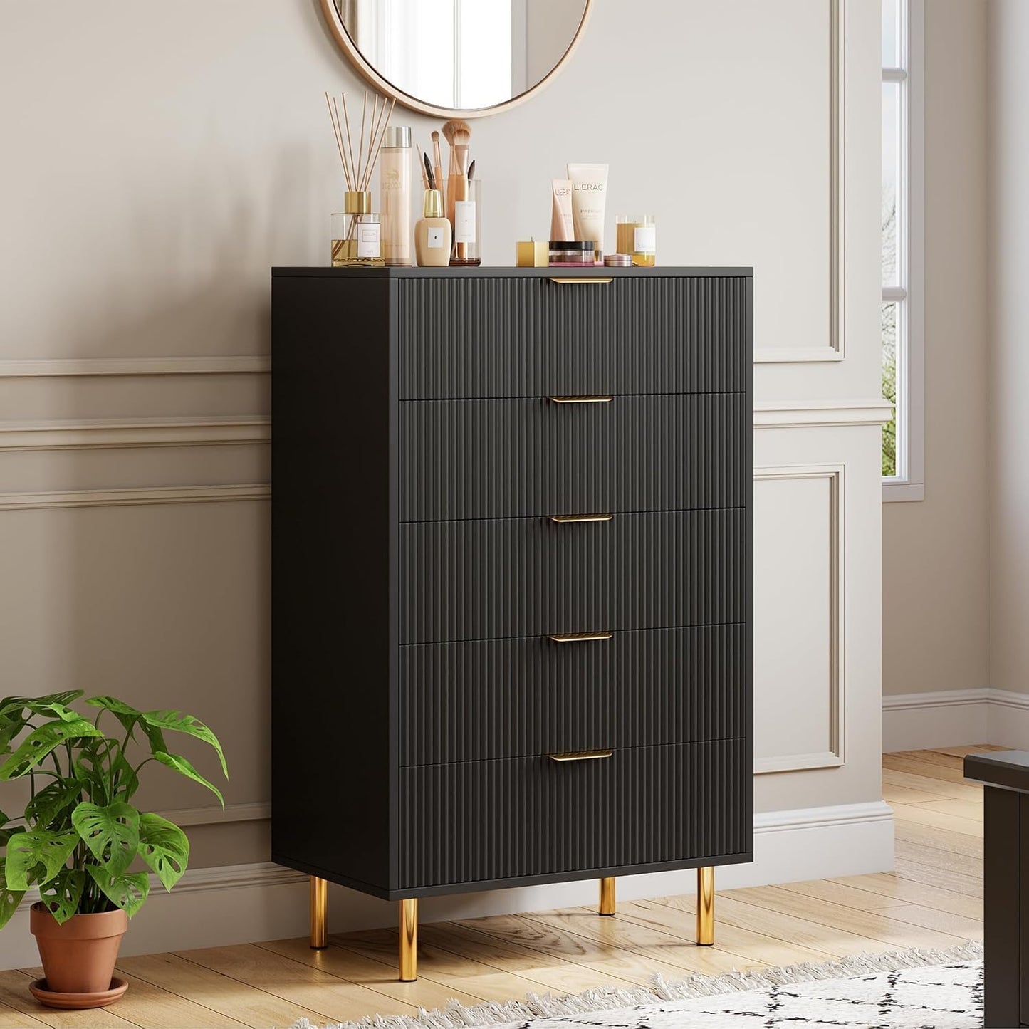 GAOMON 5 Drawer Dresser, Wood Chest of Drawers Organizer Storage with Gold Handle, Tall Storage Cabinet, Modern Design Dresser for Bedroom, Living Room, Closet, Hallway, Entryway, Black