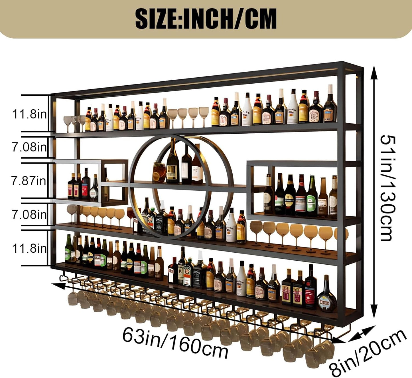 63in Wall Mounted Wine Rack, Modern Metal Wine Bottle and Glass Holder, Iron Display Stand Decorative Wine Rack, for Bar Living Room Dining Room Background (Black, 63 * 8 * 51INCHES)