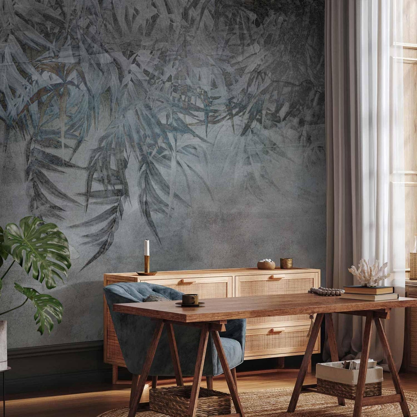 artgeist Wall Mural Leaves 116x83 in - XXL Peel and Stick Self-Adhesive Wallpaper Removable Large Sticker Foil Wall Decor Print Picture Image Design Palm Leaves Concrete Nature Grey b-C-10103-a-a