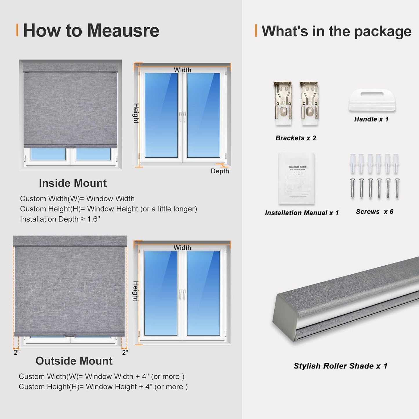Persilux Blackout Roller Shades for Indoor Windows with Upgraded Cassette, Cordless Shades Window Blinds Pull Down for Doors, Easy to Install for Office/Living Room/Bedroom, Grey(44" W x 96" H)
