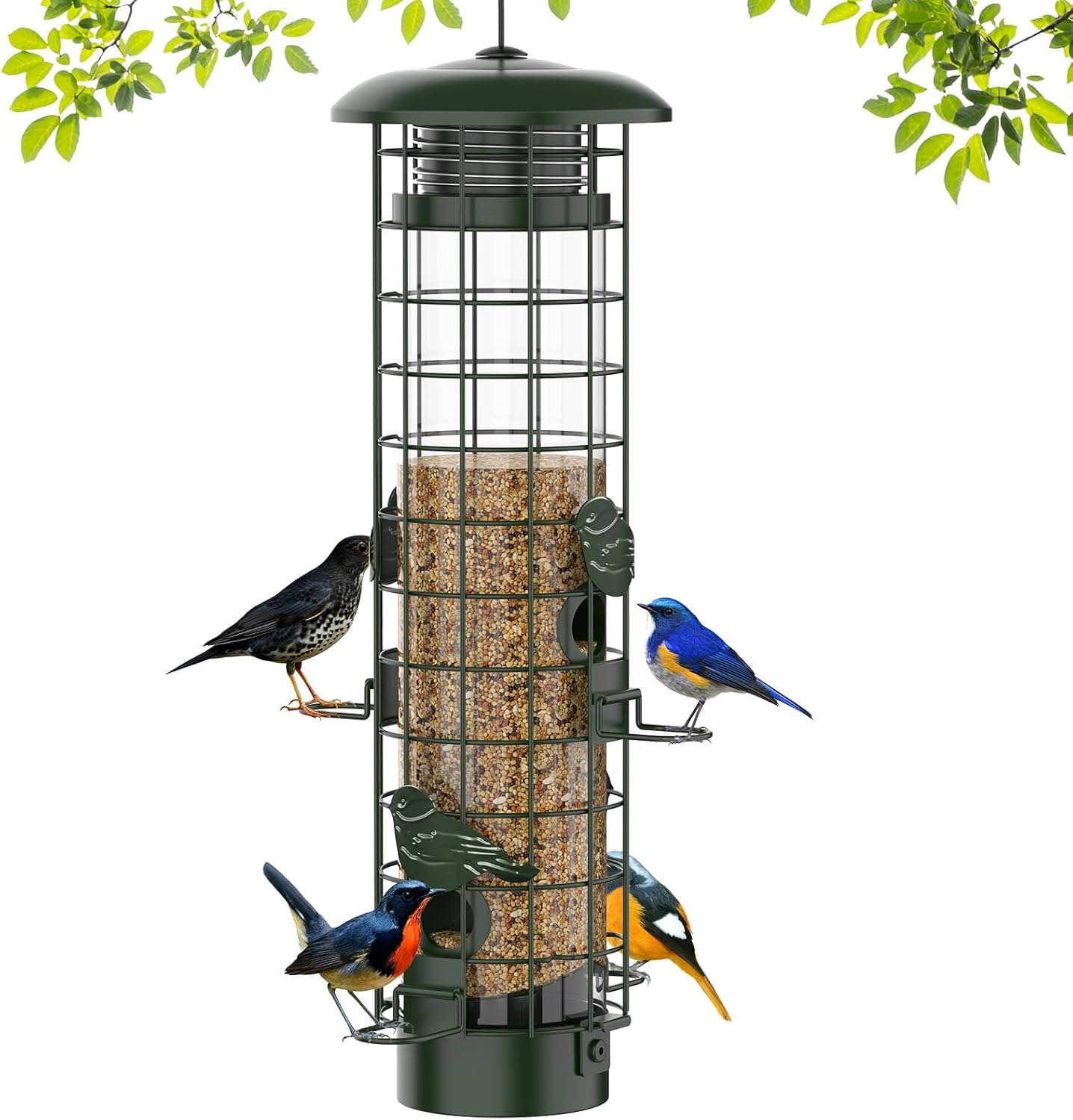 Squirrel Proof Bird Feeder,Metal Mesh Bird Feeders for Outdoors Hanging,Gravity Protection Squirrel Proof Wild Bird Feeders with Finch Cardinal Chickadee,3LB Large Capacity,Green