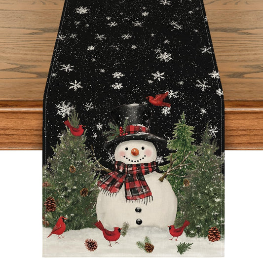 Artoid Mode Snowman Birds Trees Christmas Table Runner, Seasonal Black Winter Holiday Kitchen Dining Table Decoration for Home Party Decor 13 x 90 Inch