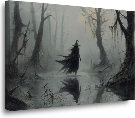 Vintage rustic swamp witch poster dark moody wall art gothic horror season halloween print for home decor retro dark moody painting12x16in Wood Framed