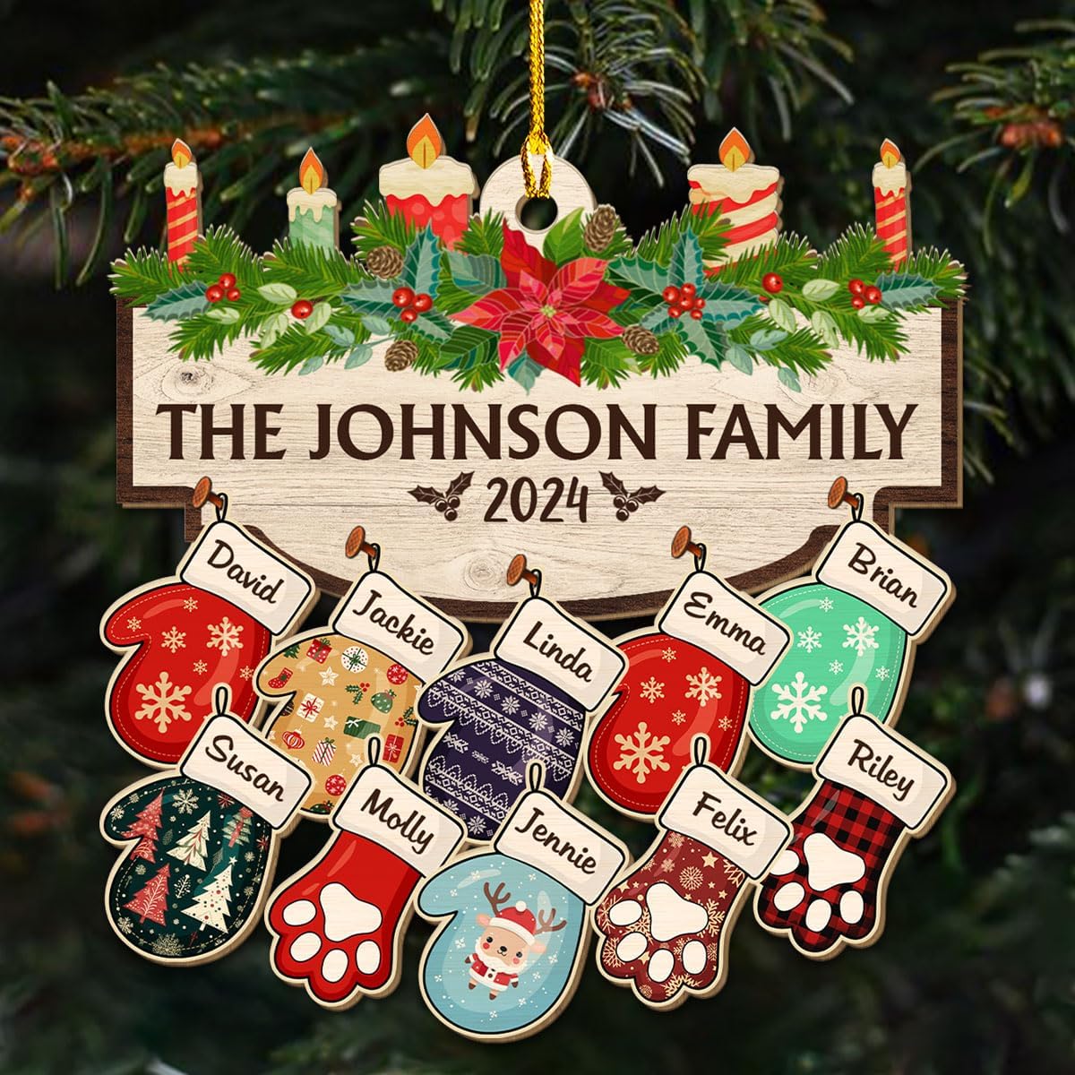 Family with Pet Ver 2 - Personalized Custom Wood Ornament, Family Gloves Christmas Ornament 2024, Xmas Ornament Gifts for Family Tree Decoration (A06, 6 Names)