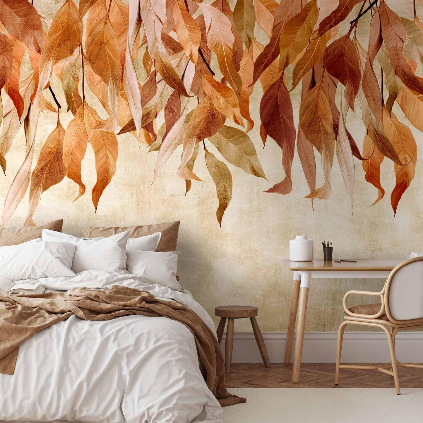 artgeist Premium Wall Mural Hanging Leaves 79x55 in - Non-Woven Wallpaper Fleece Wall Decor Photo Print Picture Image Design Nature Botanical Concrete Orange Beige b-C-10146-a-c