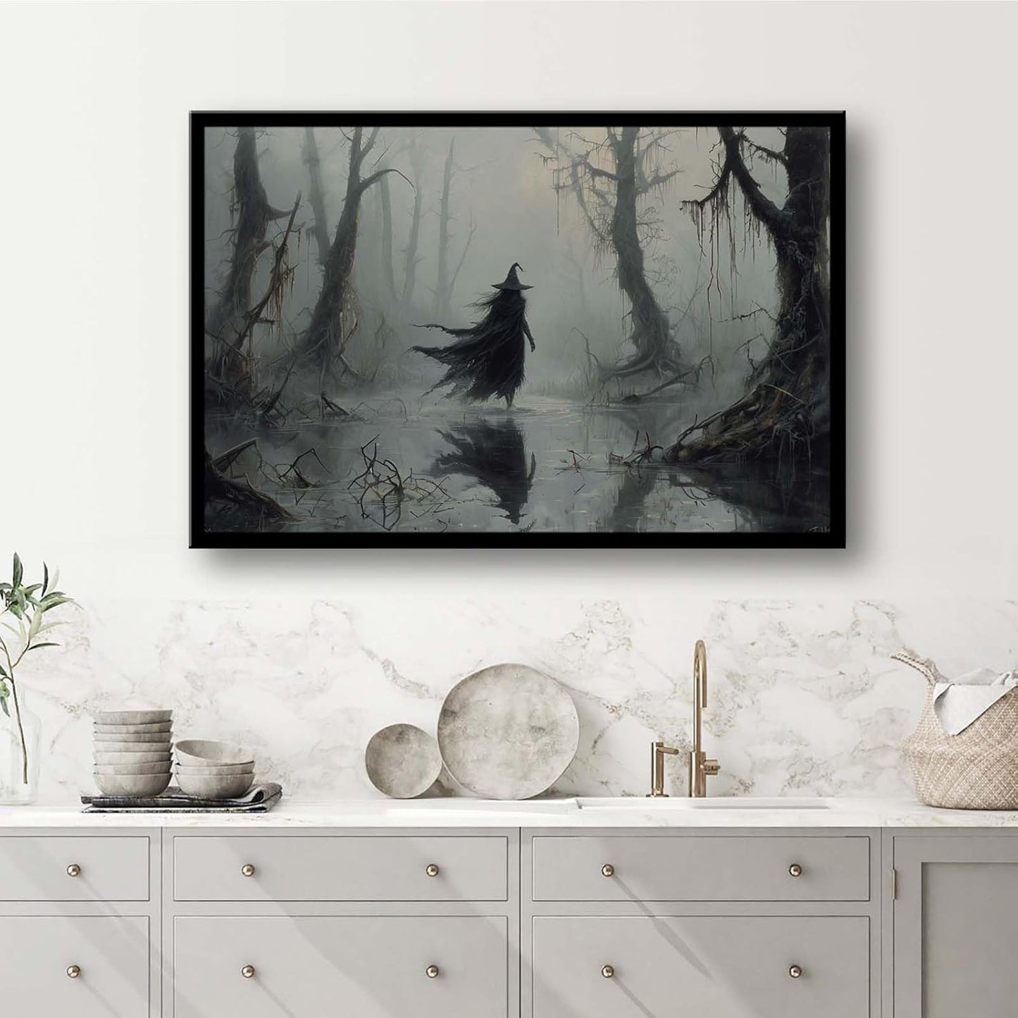 JFHCQJPK Vintage rustic swamp witch poster dark moody wall art gothic horror season halloween print for home decor retro dark moody painting24x36in Metal blackFramed