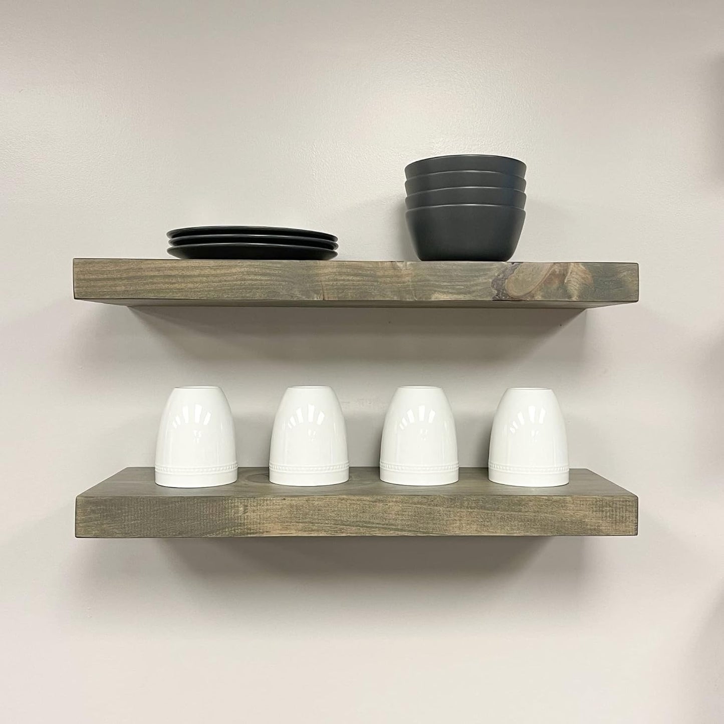 URBANDI, Rustic Floating Shelves, Set of 2, Hidden Bracket, Solid Wood, Heavy Duty, Wall Mounted Shelves, (Grey, 48Wx6D)