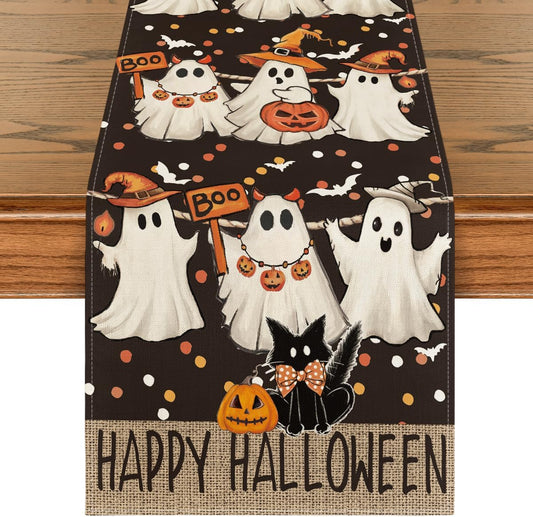 Artoid Mode Ghost Jack-O'-Lantern Black Cat Halloween Table Runner,Holiday Kitchen Dining Table Decoration for Home Party Decor 13 x 72 Inch