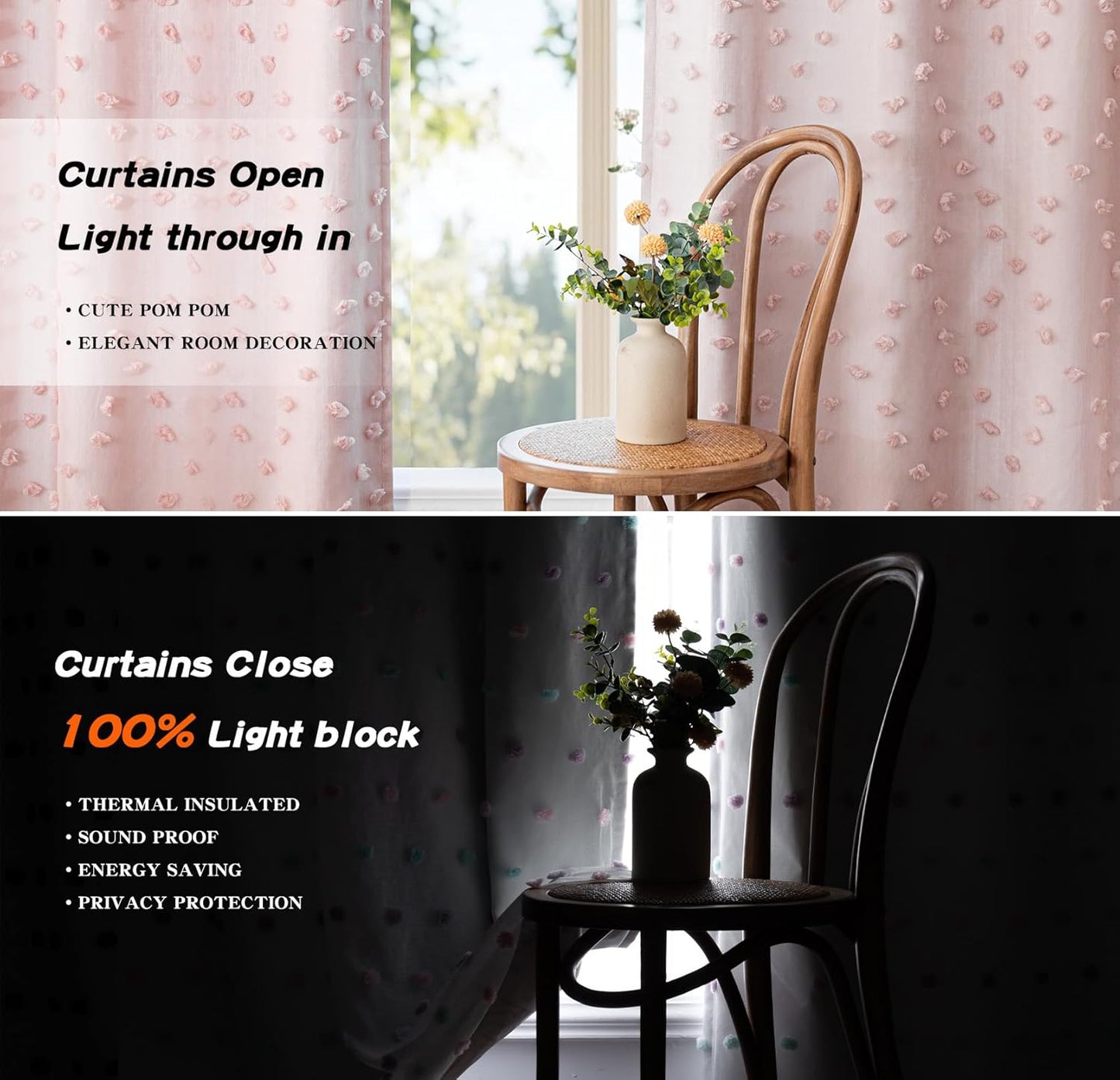 MYSKY HOME 100% Blackout Curtains for Girls Bedroom 95 Inch Long Total Room Darkening Curtain for Living Room 2 Panels Grommet Light Blocking Sliding Door Drapes Blush Pink Pom Pom Sheer 52 x 95 Inch
