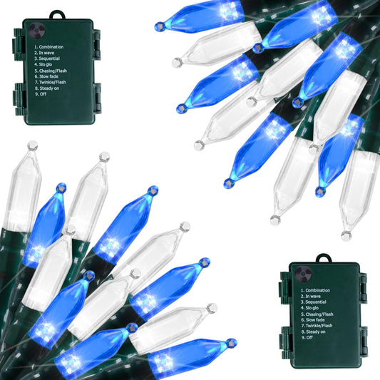 Battery Operated Christmas Lights 2 Pack 18 Feet 50 LED Clear Mini String Lights with 8 Modes Waterproof Tree Lights for Xmas Outdoor Indoor Holiday Party Garden Decor, Blue & White