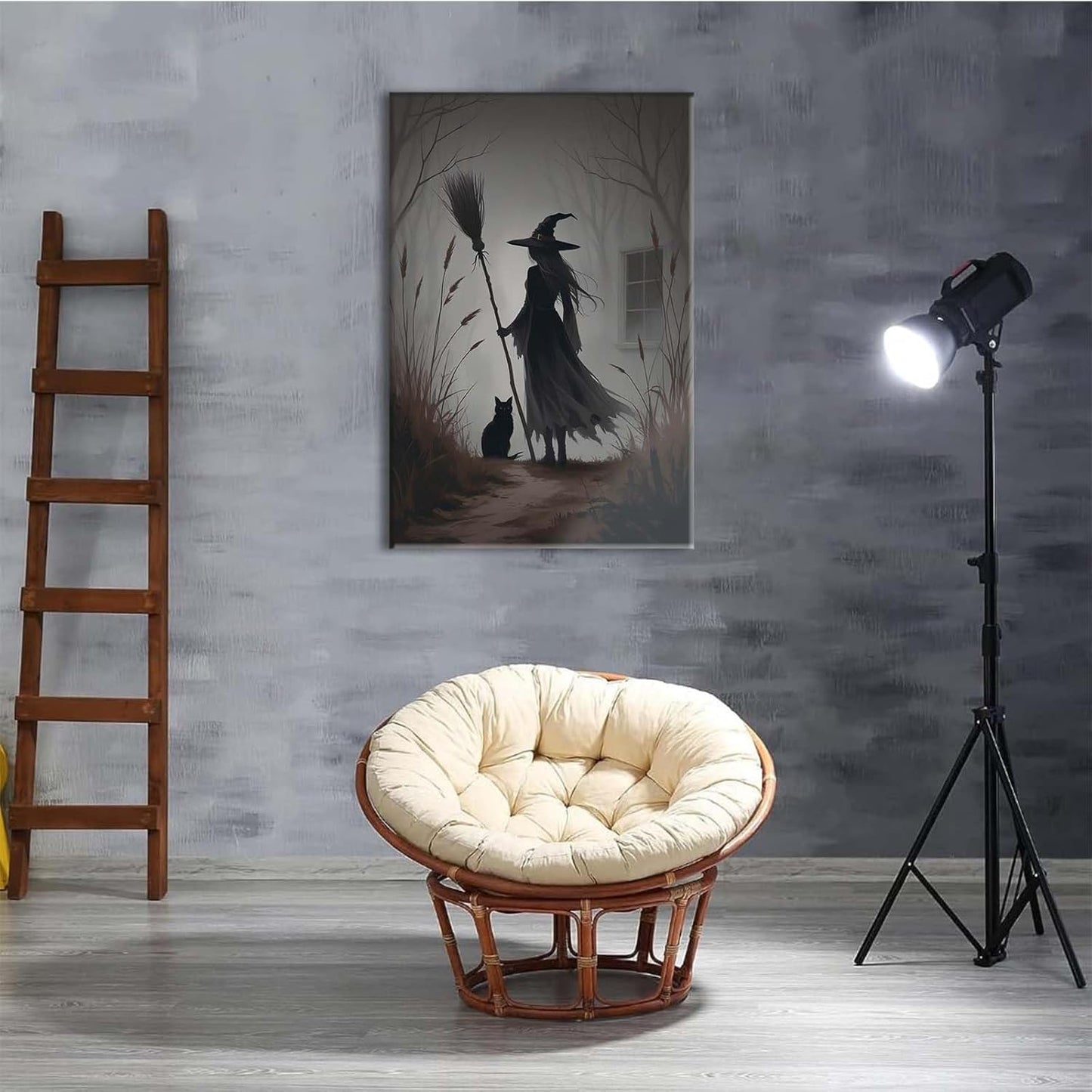Vintage forest witch and black cat poster Halloween mural poster decoration mural art magic suitable for home living room bedroom28x40in Wood Framed