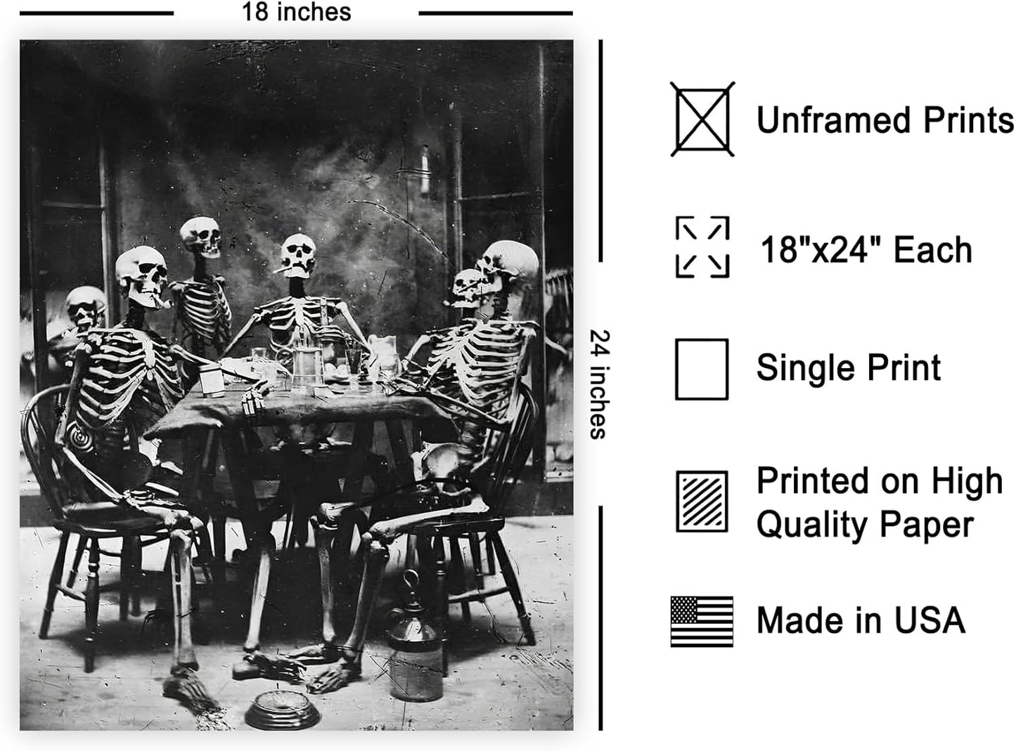Poster Master Vintage Photograph Poster - Retro Daguerreotype Print - Gift for Artist, Friend - Skeletons Smoking at Table, Dinner Party, Goth - Wall Decor for Home, Dorm, 18x24 Unframed Wall Art