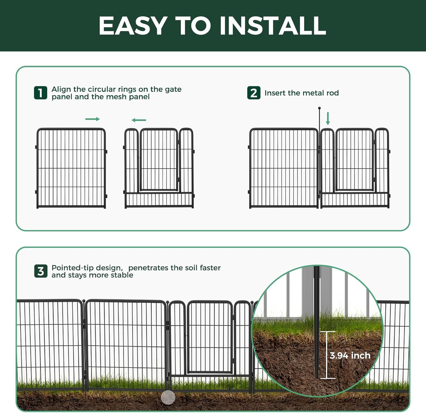 FXW Garden Fence Outdoor for The Yard – 50in(H) x 10.0ft(L) Heavy Duty Metal Animal Barrier for Dog and Rabbit, Decorative Dog Fence, 4 Panels, Black