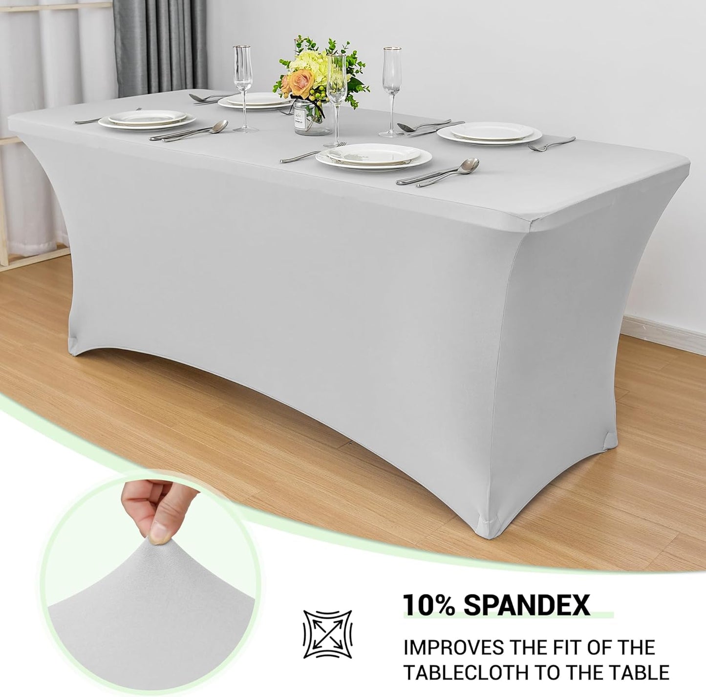 Obstal Spandex Table Cover 8ft Fitted Tablecloth Rectangular - Stretch Folding Table Cloth Rectangle for Birthday Party Wedding Banquet, Silver, 96L x 30W Inch