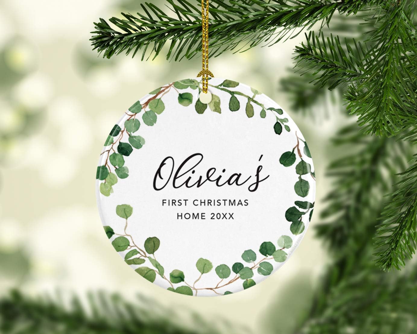 Andaz Press Personalized Round Ceramic Porcelain Christmas Tree Ornament Keepsake Collectible New Baby Gift, Olivia's First Christmas Home 2025, Farmhouse Eucalyptus Wreath, 1-Packs