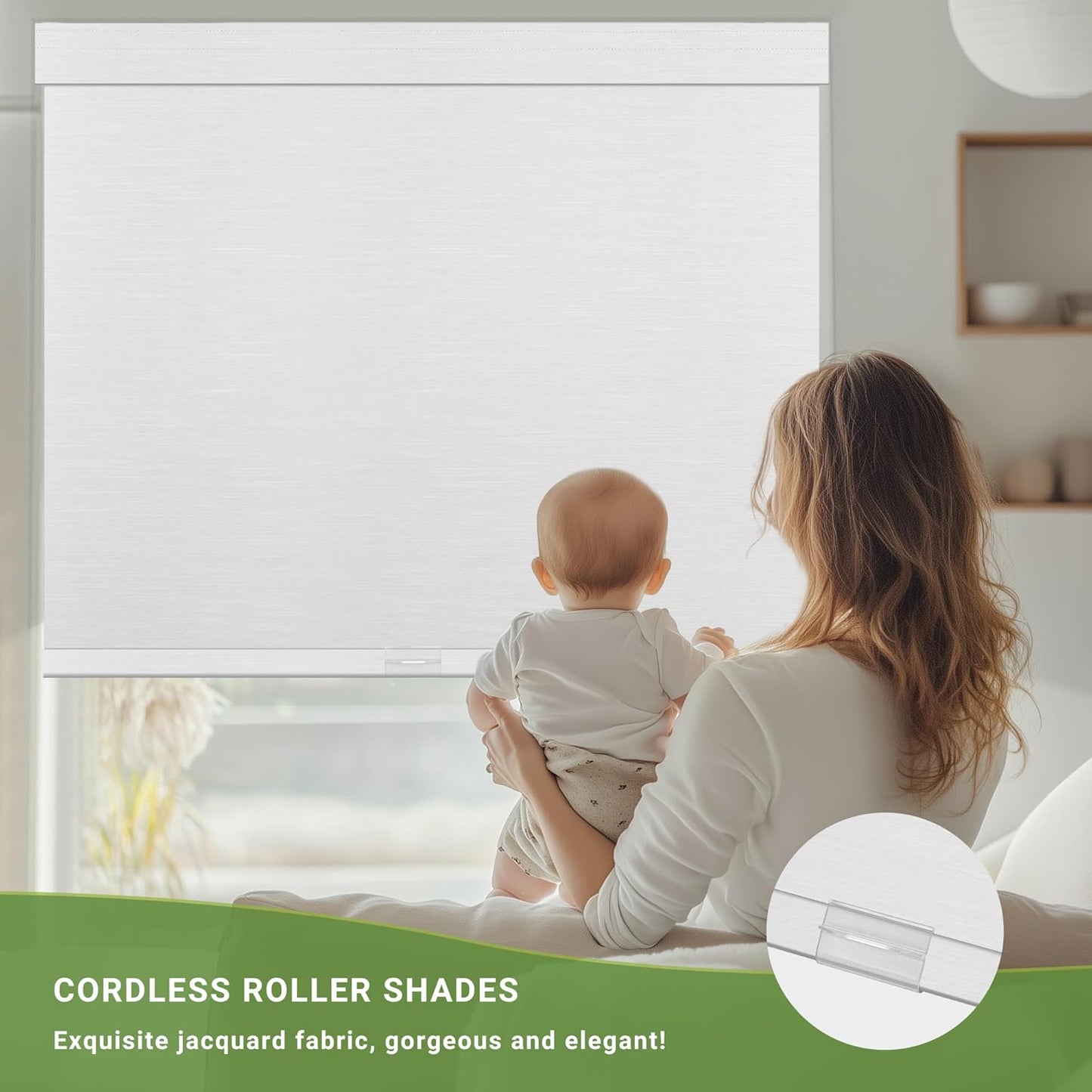 Blackout Roller Shades for Indoor Windows, Cordless Jacquard Fabric-Matched Roller Blinds, Easy to Install Privacy UV Protection Roll Up Blinds for Home Office, Pure White, 32" W x 72" H