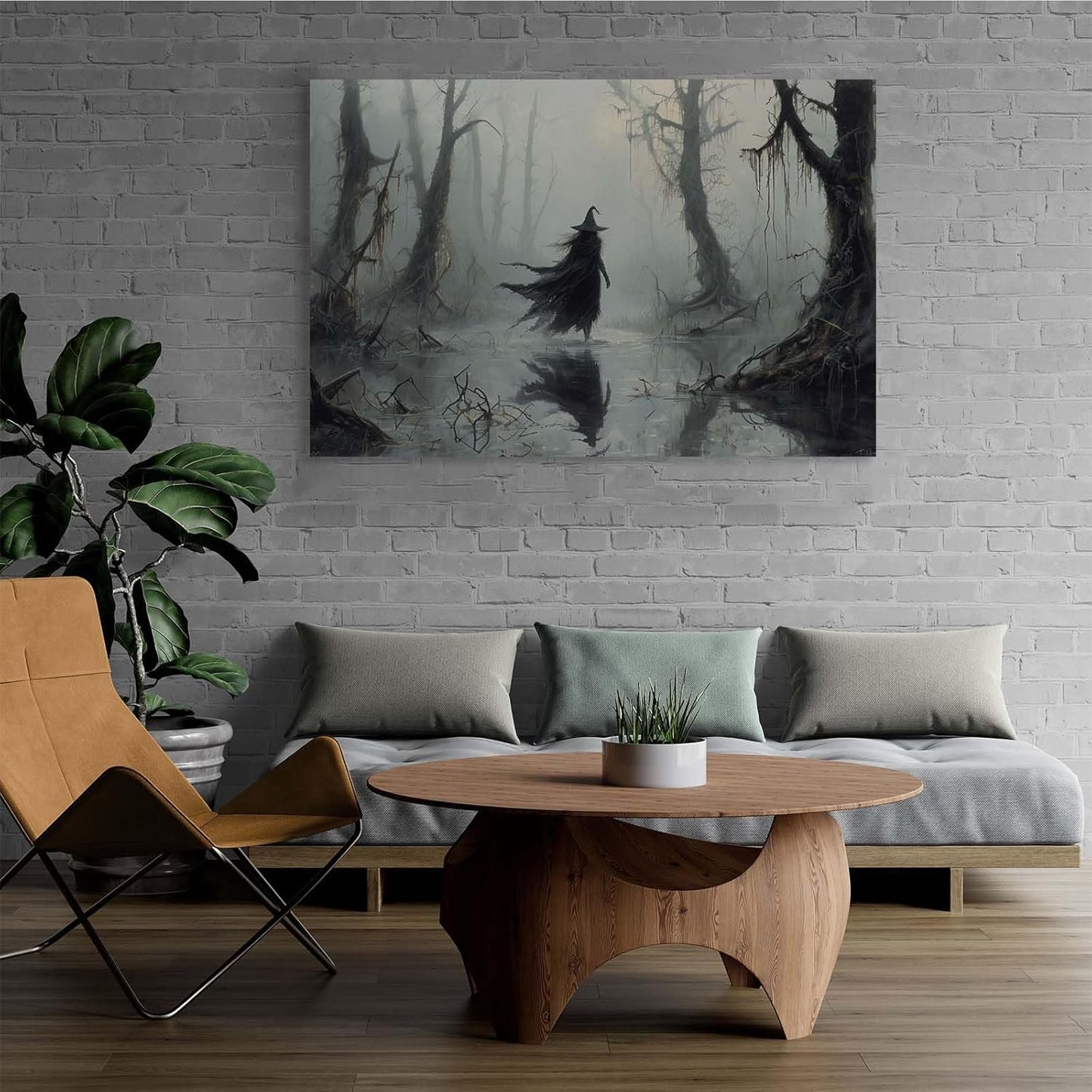 Vintage rustic swamp witch poster dark moody wall art gothic horror season halloween print for home decor retro dark moody painting20x30in Wood Framed