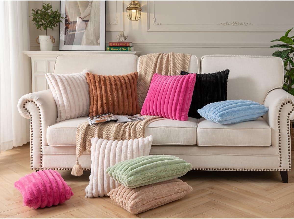 DEELAND Pack of 2,Double-Sided Faux Fur Plush Decorative Throw Pillow Covers Fuzzy Striped Soft Pillowcase Cushion Covers for Sofa Couch Bedroom Brown 16x16 inch