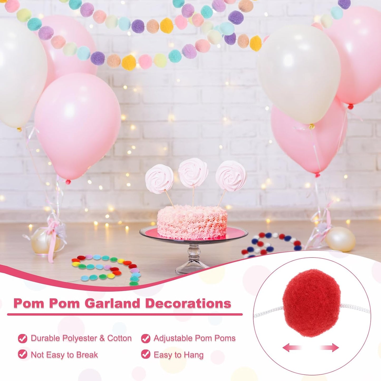 PATIKIL 26Ft Pom Pom Garland Decorations, 4Pcs Colorful Felt Ball Garland Banner Cute Rainbow Pompom Hanging Decorations for Tree Ornaments Homes Decor, Red/Green/White/Gray Green