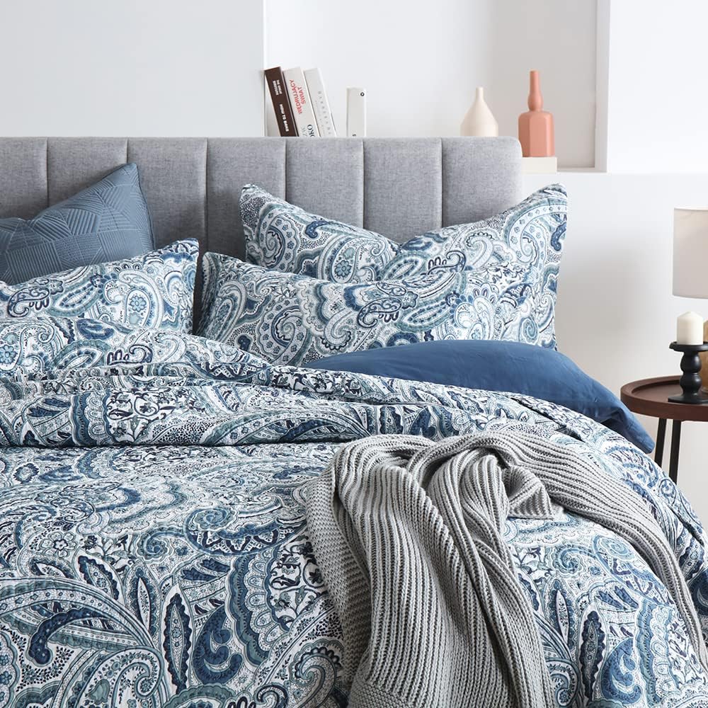 Autumn Dream Cotton Bedspread Quilt Sets, 3 Pieces Reversible Comforter Coverlet Sets,Blue Floral Paisley Bedspread,King Size