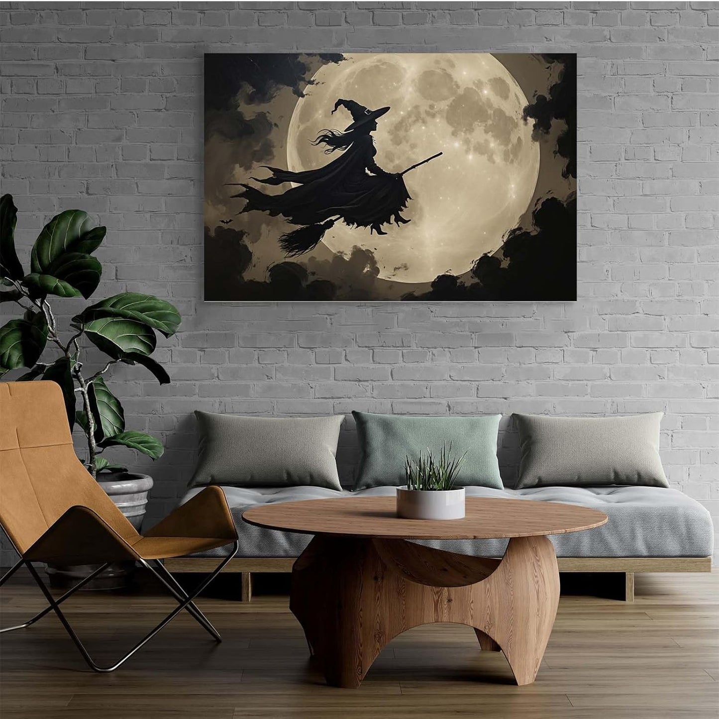 Full moon witch silhouette poster witch on magic broom Halloween mural poster decorative mural art suitable for home living room bedroom12x16in Wood Framed