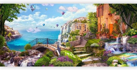 artgeist Wall Mural Peel and Stick Landscape 212x98 in - XXL Self-Adhesive Corner Wallpaper Removable Large Sticker Foil Angle Wallpaper Baloons Waterfall Architecture Landscape Clouds c-B-10182-a-a