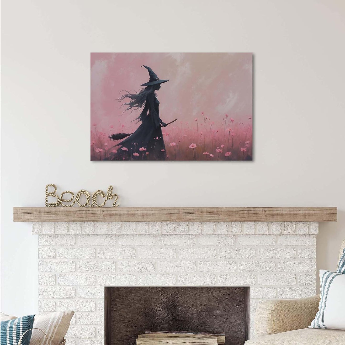 Witch in the pink sea of flowers Halloween prints weird flowers wall art silhouette painting fashionable romantic decoration suitable for bedroom12x16in Wood Framed