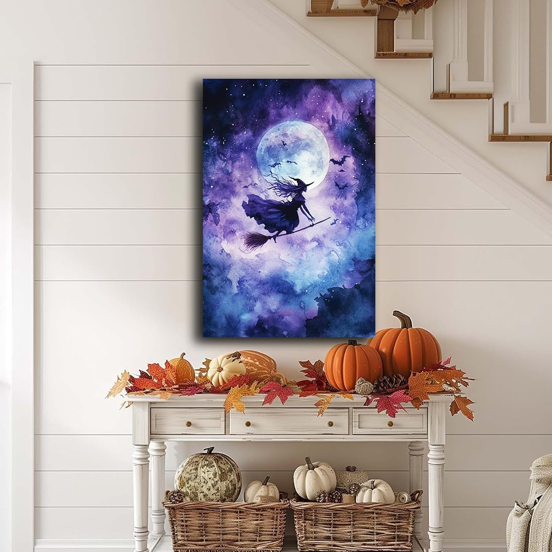 Witch On Broom Flying Wall Art,Gothic Halloween Canvas Wall Art,Victorian Witch Silhouette In Moonlight Broomstick Poster Pictures,Creepy Halloween Purple Night Sky Print,12"x18" Framed