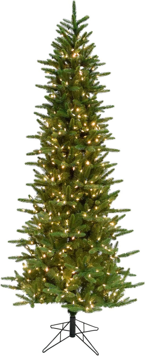 Fraser Hill Farm 7.5-Ft. Carmel Pine Slim Artificial Christmas Tree with Warm White LED Lights and Stand, Prelit Foldable Fake Tree with Realistic Foliage for Home Decoration