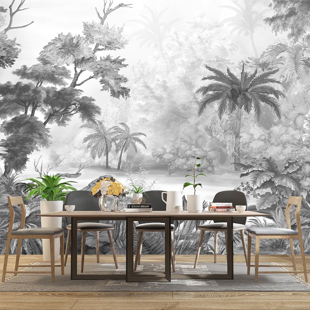 Grey Tropical Rainforest Plant wallpeper Living Room Bedroom Jungle Botanical Wall Mural - 91"x65"（Not Peel and Stick）